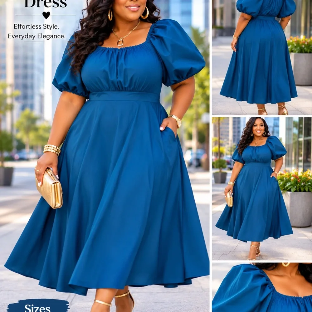 City Chic Teal-Blue Puff Sleeve Midi Dress - Picture 1 of 1